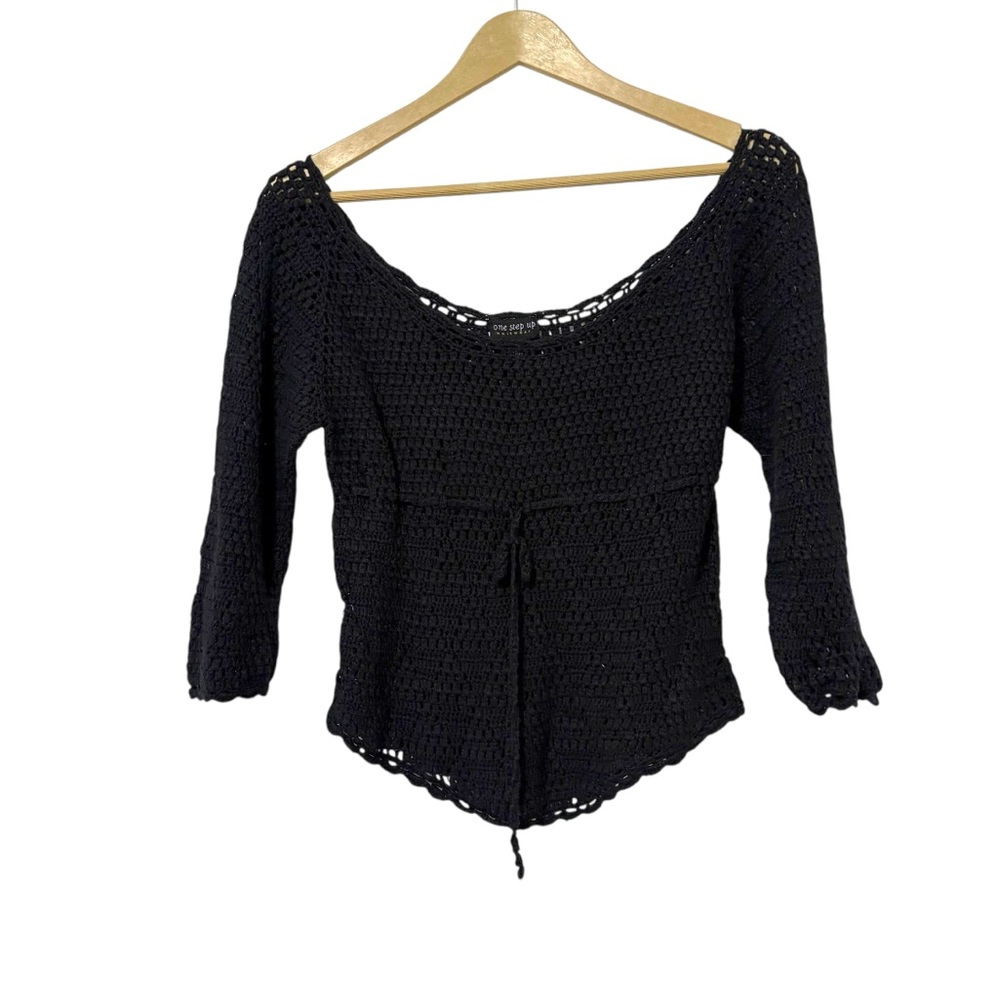 Vintage Y2K One Step Up Size Medium Black Crochet Ramie Knit Babydoll Top
